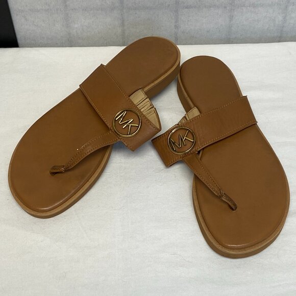 Leather Slip On Flat Thong Sandal Tan Leather Rubber Sole 7.5 Michael Kors - Picture 5 of 9
